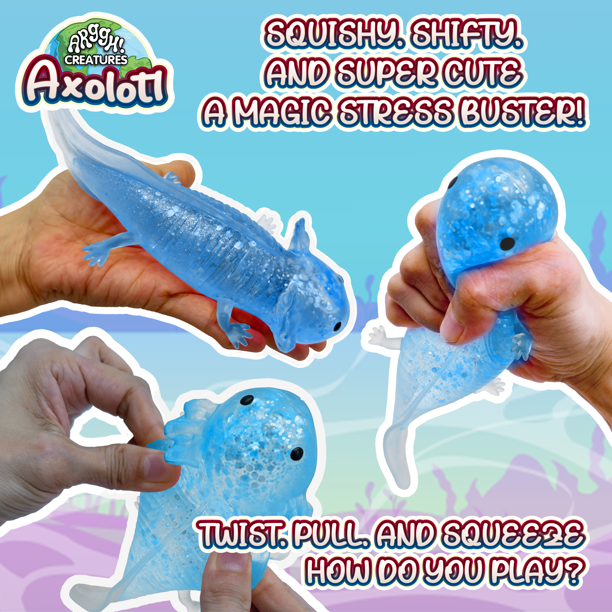 Power Your Fun Axolotl Stress Ball Sensory Toys (Glitter Blue)
