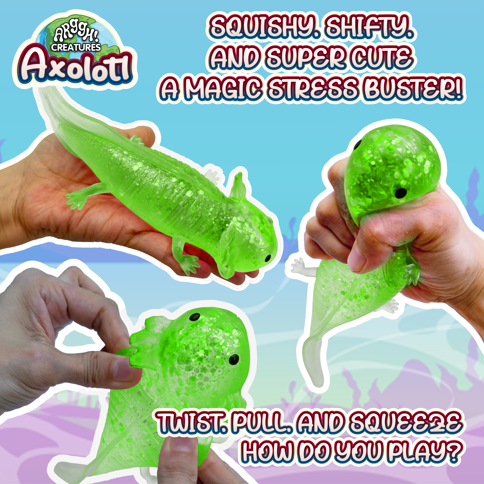 Power Your Fun Axolotl Stress Ball Sensory Toys (Glitter Green)