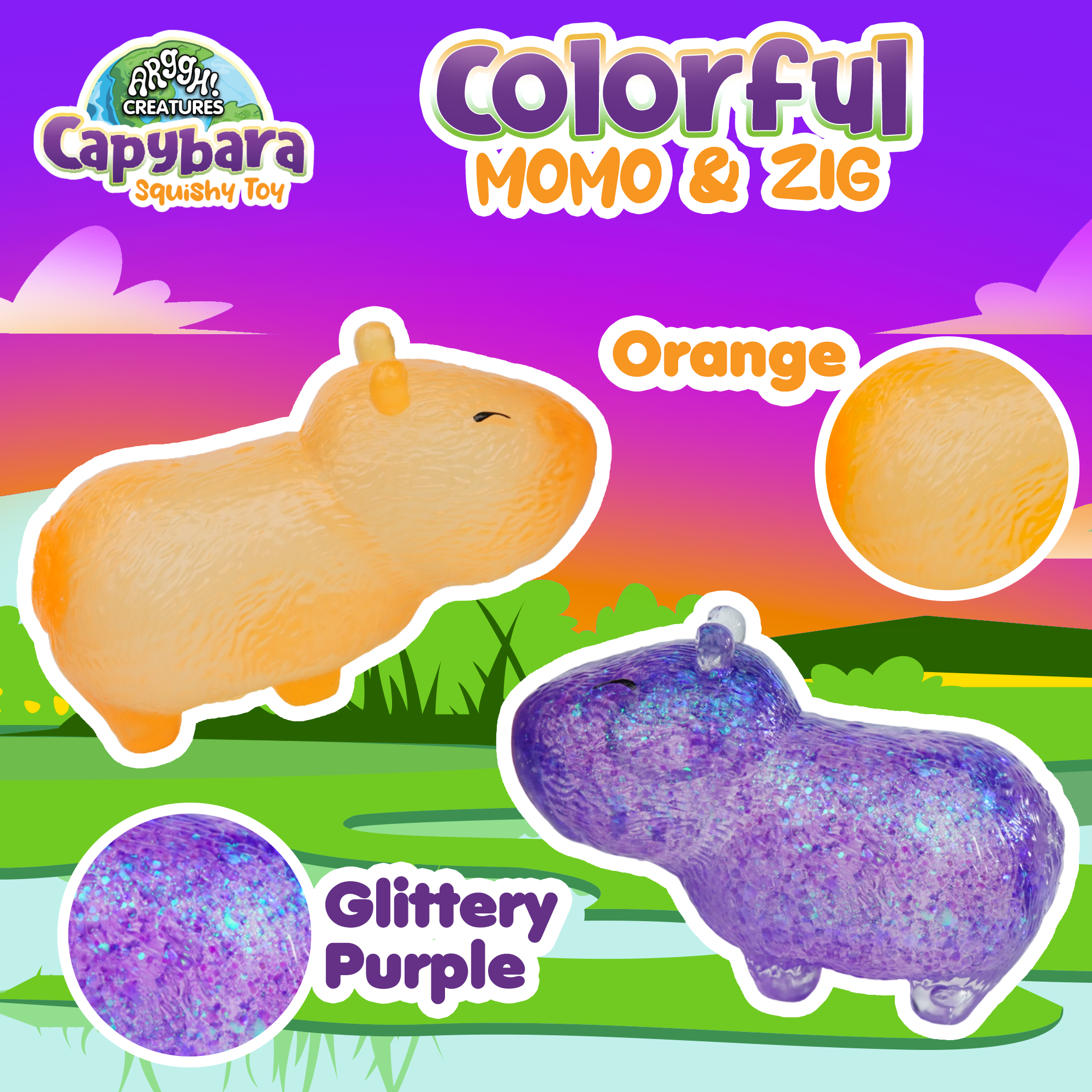 Power Your Fun Capybara Squishy Toy 2-Pack (Purple & Orange)